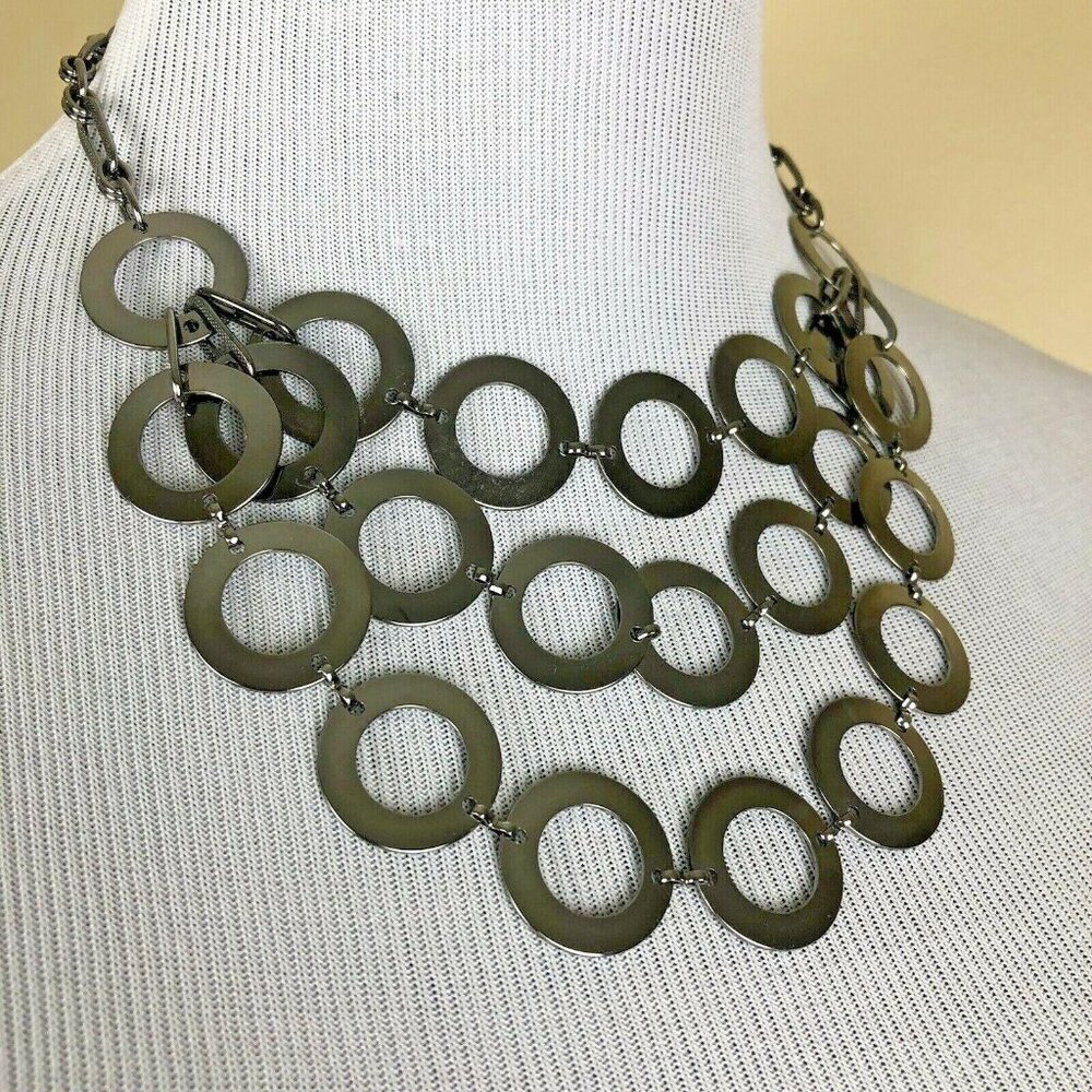 New York Co Dark Silver Necklace Hematite Tone 3 Strand Circles Chain 20"